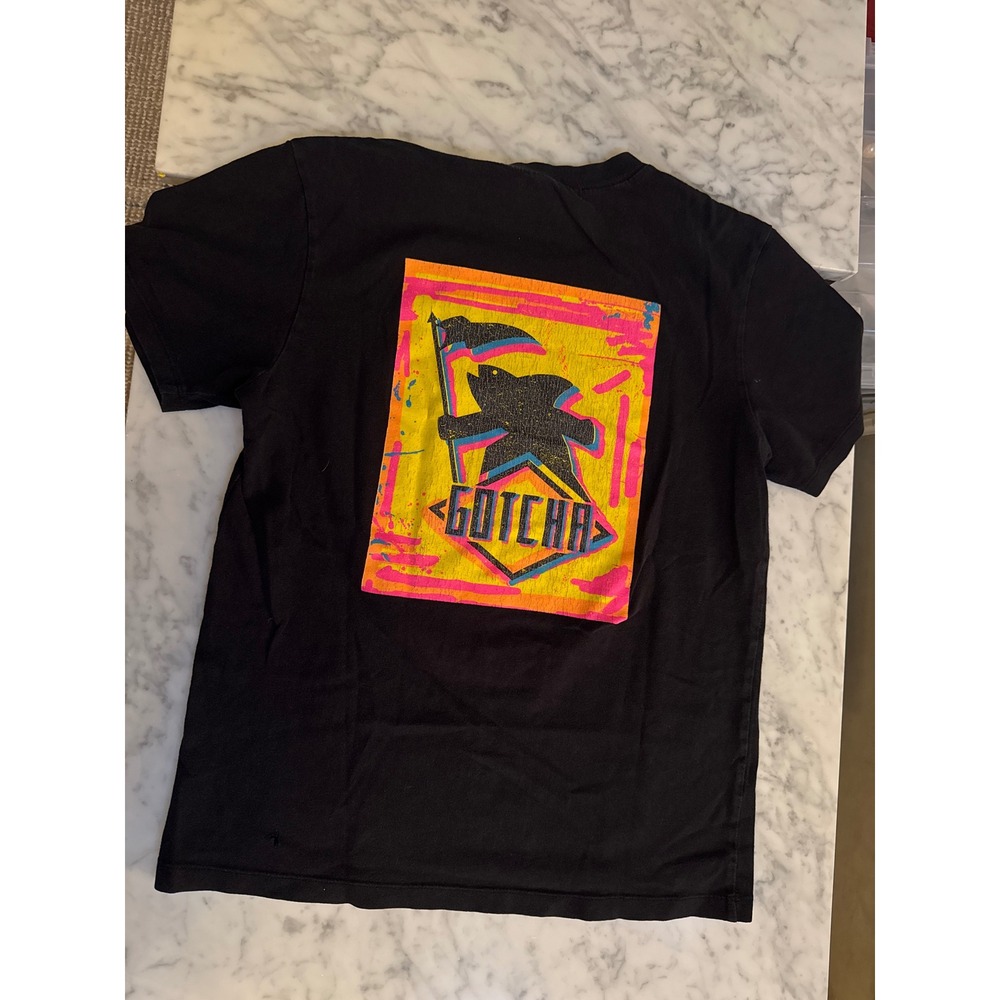 Gotcha Mens Black Graphic T-Shirt Neon Shark Reaper Surf Skate Retro Tee